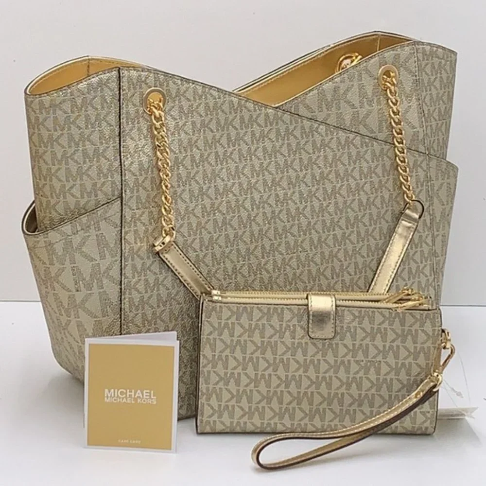 Michael Kors Large X Chain Sholder Tote & Large Double Zip Wallet Pale Gold - Picture 3 of 16